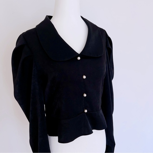 Elegant Vintage Puff Sleeve Blouse – Black Pearl Button-Up Top. 95%new condition - Picture 4 of 10